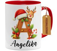 OM3 Tasse de Noël personnalisée avec renne et lettre - Tasse à café personnalisée avec nom propre - Tasse en céramique - 325 ml - Imprimé des deux côtés - Rouge