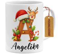 OM3 Tasse de Noël personnalisée avec renne et lettre - Tasse à café personnalisée avec nom propre - Tasse en céramique - 325 ml - Imprimé des deux côtés - Blanc