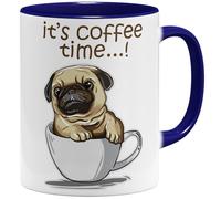 OM3® Tasse en céramique Pug It's Coffee Time Carlin - 325 ml - Imprimé des deux côtés - Bleu foncé