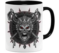 OM3® Tasse viking avec tête de mort - En céramique - 325 ml - Imprimé des deux côtés - Noir