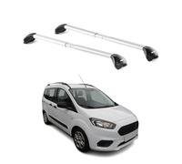 OMAC Barres de Toit transversales certifiées TÜV pour Ford Tourneo Courier I 2014-2023 - Verrouillables (4 antivols) - Charge Max 100 kg - Sangle INOX + Protection Caoutchouc Argent