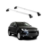 OMAC Barres de Toit transversales certifiées TÜV pour VW Touareg II 2010-2018 - Verrouillables (4 antivols) - Charge Max 100 kg - Sangle INOX + Protection Caoutchouc Argent