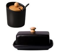 OMAGO® Ensemble de cuisine moderne : beurrier noir avec couvercle en bambou et sucrier noir, récipients élégants pour servir et conserver le beurre et le sucre, vaisselle stylée