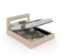 OMAHA - Lit nuage avec coffre de rangement et LED 140x190cm en velours beige avec tête de lit et sommier