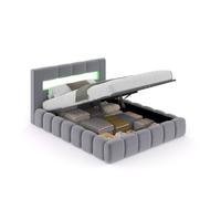 OMAHA - Lit nuage avec coffre de rangement et LED 160x200cm en velours gris avec tête de lit et sommier