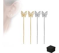 Ombhsd Shiny Diamond Flower/Butterfly Earrings, Sparkling Crystal Flowers Tassel Chain Dangle Drop Earrings,Pull Through Threader Earrings Jewelry Gifts for Women Girls (A Set Butterfly)