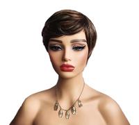 Ombre brun court Cheveux humains, Pixie Cut Wigs with Bangs Wigs for Woman, Perruques Layered Wavy pour femmes None Lace Front