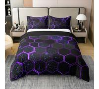 Ombre Violet Coton Biologique Housse de Couette 200x200,Neon Hexagonal Housse de Couette Confortable,Ensemble de Literie Étoile Scintillante,Poids Léger,Housse de Couette Géométrique Élégante