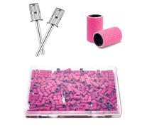 OMBRISA Embouts Ponceuse Manchons 100Pcs, Grain 180 Embout Emeri Rose, Ongles Bandes de Ponçage Professionnelles avec 2 Pcs Mèches 3/32” et Boîtier pour Manucure Pédicure