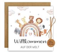 O'meFun Carte de naissance, cadeau d'argent avec enveloppe, carte cadeau de naissance fille et garçon, cadeau significatif pour naissance, carte de baptême, animaux arc-en-ciel, carte de félicitations