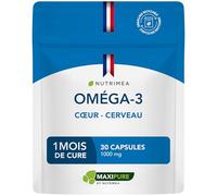OMEGA 3-1000 mg - Huile de Poissons Sauvages - Haute Concentration - 180 mg d'EPA & 120 mg de DHA - Soutient la Vision et la Cognition - 30 Capsules - Nutrimea - Fabrication Française