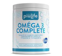 Omega 3 IFOS 5 étoiles Certifié Avec Vitamine D3 2000 UI Et E PiùLife, 120 Softgels, Huile De Poisson Omega 3 DHA EPA 2000 mg et 1000 mg par dose, Soutien Cœur, Vue, Os, Cerveau
