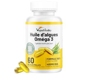 Omega 3 Vegan Huile d'algues 400 mg DHA par capsule, 60 capsules, soit 2 mois d'huile vegetale. Remplace huile de foie de morue, convient à tous les régimes vegan/végétariens