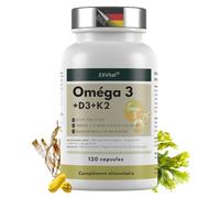 Oméga 3 végétalien + D3 & K2, 120 gélules, 1100 mg d'huile d'algues avec 600 mg de DHA et 300 mg d'EPA + 1000 UI de vitamine D3 + 40 µg de vitamine K2 O3 D3 K2, hautement dosé et testé en laboratoire