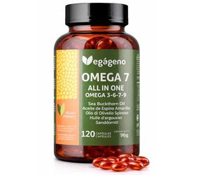 Omega 7 VEGAN - Huile d’argousier VEGAGENO avec Oméga 3 6 7 9, acide palmitoléique, vitamine E naturelle. 120 gélules végétaliennes. Non OGM. Sans gluten. Complément 100% végétal.