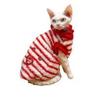 OMEM Ensemble chapeau et débardeur à rayures rouges et blanches en polaire douce pour chat Sphynx Devon Rex Munchkin - Tenue chaude et mignonne avec cœur fraise - Tailles XS à XXXL (M-)