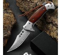 Omesio Couteau de poche Damas couteau pliant Damas, couteau de poche japonais Damas manche en bois Damas pour le camping et la chasse