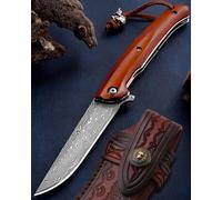 Omesio Couteau Pliant de Poche Damas, INCL. boîte Cadeau Noire, Japonais Haute qualité & Fait Main, Manche Bois