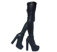 Omeslike Cuissardes en Cuir PU Extensible à Talon épais de 15 cm pour Femmes - pour Les Occasions de Mariage, de soirée et de Rendez-Vous,Noir,39 EU