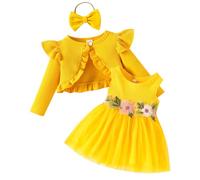 OMEWEE Bébé Fille 3PCS Ensembles Cardigan et Robe Bolero à Volants Manches Longues Robe Florale sans Manches avec Bandeau Vêtements d'Eté Anniversaire Jaune 12-18 Mois