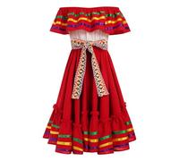 OMEWEE Cinco De Mayo Fiesta Robe traditionnelle mexicaine avec ceinture Trajes de Indios Mexicanos sans manches à volants Robe de fête culturelle mexicaine, Rouge, 6-7 ans