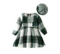 OMEWEE Enfant Fille Robe de Noel Carreaux Robe en Flanelle Manches Longues avec Chapeau Robe de Casual Col Rond Robe Tartan 2PCS Ensembles Fêtes Cadeau Photographie Vert 3-4 Ans