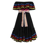 OMEWEE Enfants Filles Robe Traditionnelle Mexicaine Cinco De Mayo Fiesta Robe avec Ceinture Robe Mexicains à Volants Robe de Mexicaine Fête Soirée Noir 9-10 Ans