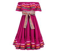 OMEWEE Fille Cinco De Mayo Fiesta Robe Traditionnelle avec Ceinture Costumes Indiens Mexicains Robe à Volants Sans Manches Robe Culturelle Mexicaine pour Fiesta et Fête, Rose, 4-5 ans