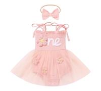 OMEWEE Mon 1er Premier Anniversaire Bébé Fille Robe Barboteuse Robe Tutu Maille sans Manches Robe Princess avec Bandeau Cake Smash Cadeau Anniversaire Tenue de Baptême Rose Fleur 6-12 Mois