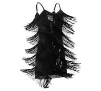 OMEWEE Robe à paillettes pour enfant fille - Sans manches - Bretelles spaghetti - Robe à franges - Robe de danse scintillante - Robe de ballet, Rumba, Samba, Cha Cha Cha Jazz, Noir , 10-11 ans