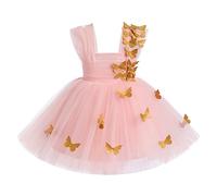OMEWEE Robe Bébé Fille a-Ligne Genou Papillon Dentelle Fleur Brodée Princesse Dress Brodée Nœud Papillon sans Manches Tutu Robe 1er Anniversaire Fête 1-6 Ans Papillon Rose 3-4ans