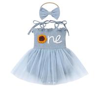 OMEWEE Robe de Bébé Fille 1er Anniversaire Tulle sans Manches Broderie Mariage Fête d'anniversaire Princesse D'été Fille Tulle Robes Bleu 12-18 Mois