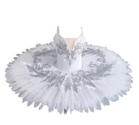 Omfpafeu Robe de Danse Classique pour Fille, Tutu crêpe, Bretelles brodées Justaucorps de Gymnastique Tenue de compétition Style Lac des cygnes débardeur brodé,4,130