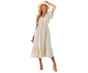 Omfpafeu Robe d'été décontractée pour Femme Jupe Longue Fluide en Forme de trapèze Robes d'invité de Mariage Robe décontractée pour Vacances à la Plage,Apricot,S
