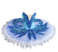 Omfpafeu Tutu Professionnel pour Enfant, Costumes de compétition sur scène du Lac des cygnes, Robe de Ballerine crêpe pour Enfants, Ballet,Bleu,140