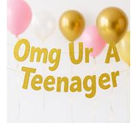 Omg Ur A Teenager - Bannière décorative de 13e anniversaire pour filles ou garçons - Panneau pré-enfilé à paillettes dorées pour fête d'adolescent, 1,1 m de long, guirlande à suspendre réutilisable