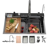 OMGMTSTORE Évier de cuisine cascade 80x50 cm, 1 bassin en acier inoxydable, évier de cuisine moderne, grand, noir anthracite, évier de cuisine avec égouttoir, évier de cuisine avec robinet, siphon de
