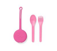 Omie OmieBox Ensemble d'ustensiles pour enfants avec étui, 2 pièces en plastique, fourchette et cuillère réutilisables avec dosette pour enfants (rose bulle)