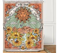 Omifly Rideau de Douche en Tissu imperméable avec 12 Crochets en Plastique, décoration bohème Vintage avec Motifs du Tarot avec Soleil, Tournesol, Lune, Papillons, Montagnes et Fleurs, 183 x 183 cm