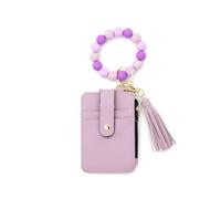 omiinitio Bracelet Portefeuille pour femme Style bohème Porte-clés avec perles en silicone et pompons Décoration Bracelets Porte-clés Porte-monnaie Porte-badge tendance en silicone, lilas