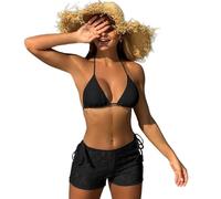 omiinitio Maillot de bain 3 pièces pour femme - Couleur unie - Maillot de bain avec lacets - Short - Push Up - Costume de natation