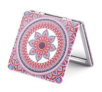 OMIRO Miroir grossissant 1X/3X, Peinture Unique Miroir Compact avec Cuir PU Classique (Mandala de Fleurs Rouges)