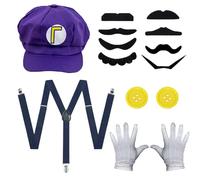 OMJMYY Deguisement Mario Déguisé Cosplay Super Brothers Accessoires de Costume Mario Bro Chapeau Bretelles 2 Boutons 2 Gants 8 Mustaches pour Adultes Enfants Halloween Carnaval Cosplay