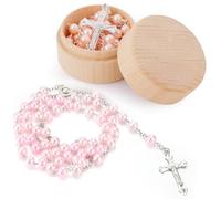 Omnikryp Chapelet Catholique, Chapelet de Communion avec Croix, 6 mm Perles D'imitation en Verre Rose, Croix Pendentif pour Baptême, Communion, Mariage, Fête, Femmes, 40 cm, avec Boîte en Bois