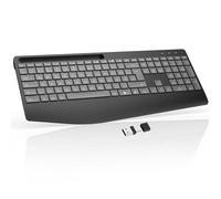 OMOTON Clavier sans fil avec repose-poignet, clavier ergonomique 2,4 GHz rechargeable QWERTZ, rétroéclairage 7 couleurs, clavier sans fil silencieux pour Windows 7/8/10, PC, ordinateur portable, gris