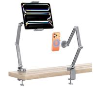 OMOTON Support de tablette réglable pour bureau, support de tablette en alliage d'aluminium pour iPad, support de téléphone rotatif à 360° avec 2 pinces, support de téléphone pour lit avec bras stable
