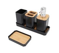 Omquot Ensemble Complet D'accessoires de Salle de Bain, Style élégant, avec Bouteille de Lotion, Tasse, Porte-Savon, Plateau pour Maison, Hôtel, Plastique + Tranches de Bois de Bambou (Noir)