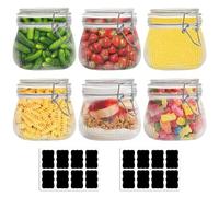 Omtofo 6 Bocaux En Verre HerméTique 500ml, Avec éTiquettes, Bocal En Verre à Rayures Avec Couvercle à Clip, Conservation HerméTique Des Aliments,Marinage Pickles Herbes éPices Confiture Conserves