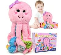 Omuyasi Doudou en peluche pour bébé à partir de 3, 6, 9, 12 mois, rose, avec 8 tentacules texturés, jouet sensoriel pour autisme, TDAH pour fille de 1, 2, 3 ans, cadeau de Pâques pour bébé fille