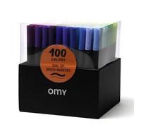 Omy Boîte de 100 marqueurs à double pointe, une extrémité fine et une extrémité large, non toxique, à base d'eau, encre à séchage rapide, en 100 couleurs vives et vives